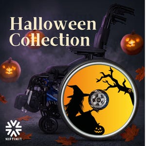 May include: A black wheelchair featuring a custom wheel cover with a yellow and orange gradient background, a black silhouette of a witch, a bare tree, and a jack-o'-lantern. The text "Halloween Collection" appears in white above the wheelchair.