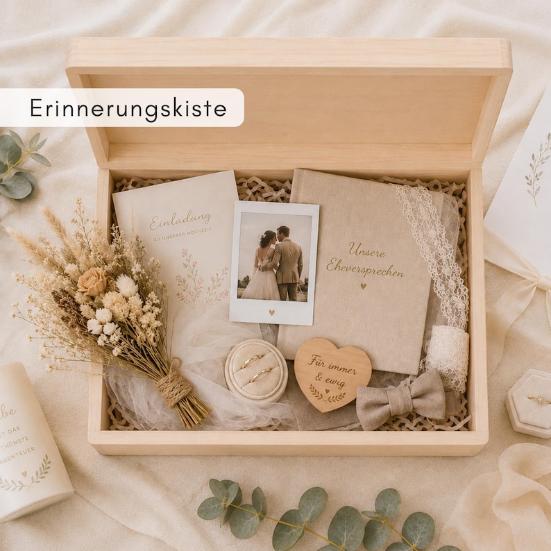 Personalisierte florale Erinnerungskiste mit Namen & Datum | Holzbox mit Deckel | Geschenk Hochzeit Brautpaar Briefbox Truhe Kartenbox Blume Bild 6