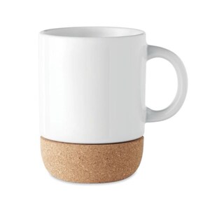 May include: A white ceramic mug with a rounded handle and a natural cork base. The mug is cylindrical and has a smooth, glossy finish. The cork base provides a contrasting texture and color.
