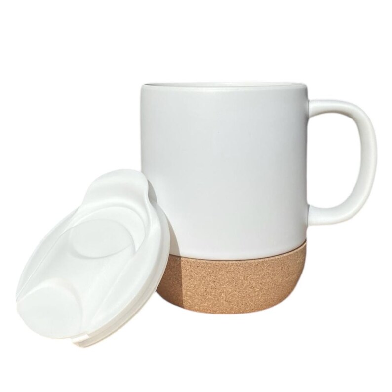 May include: White ceramic mug with a cork base and a white lid. The mug has a curved handle and a cylindrical shape. The lid is oval-shaped with a drinking spout. The mug is designed for hot or cold beverages.