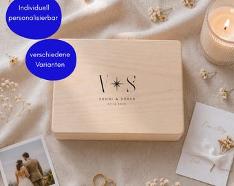 Personalisierte Erinnerungskiste Name & Datum | Geschenk Hochzeit Verlobung Jahrestag Geburtstag | Holz Geschenkbox Stern schlicht einfach