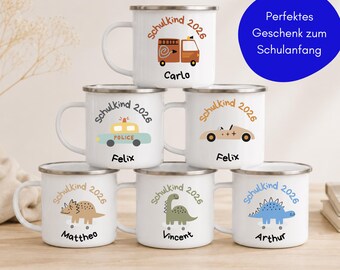 Personalisierte Kindertasse mit Namen Jungen | Emaille Becher Dino Feuerwehr Auto | Geschenk Schulkind Schulanfang | Schulstart Einschulung