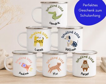 Personalisierte Kindertasse m. Namen für Jungs | Emaille Becher Hund Dackel | Geschenk Schulkind Schulanfang | Schulstart Einschulung Junge