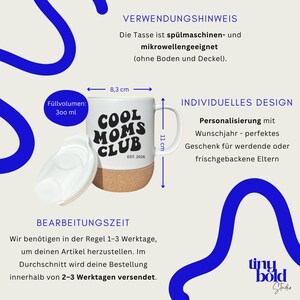 May include: White ceramic mug with the text "COOL MOMS CLUB EST. 2026". The mug has a cork base and a white lid. The mug is 8.3 cm wide and 11 cm tall. It holds 300 ml.