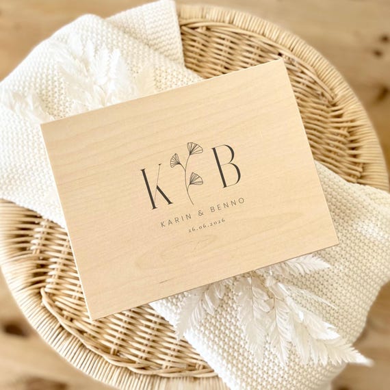 Personalisierte florale Erinnerungskiste mit Namen & Datum | Holzbox mit Deckel | Geschenk Hochzeit Brautpaar Briefbox Truhe Kartenbox Blume