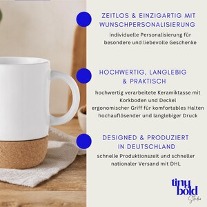 May include: A white ceramic mug with a cork base and a curved handle. The mug is on a white cloth, with text in German describing the mug's features and origin. The mug is designed and produced in Germany.