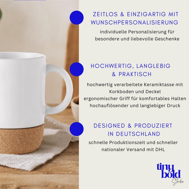 May include: A white ceramic mug with a cork base and a curved handle. The mug is on a white cloth, with text in German describing the mug's features and origin. The mug is designed and produced in Germany.