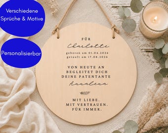 Plaque en bois personnalisée avec nom et texte personnalisé | Cadeau pour filleul(e) lors d'un baptême | Certificat de parrain/marraine, certificat de baptême, certificat de naissance