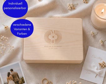 Coffret souvenir personnalisé avec nom et date | Cadeau de mariage, fiançailles ou anniversaire | Coffret cadeau en bois orné d'une étoile et d'un soleil, style bohème et épuré