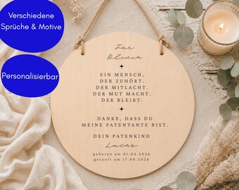 Personalisiertes Holzschild mit Namen & Wunschtext |  Geschenk zur Taufe Geburt für Patenonkel o. Patentante | Patenbrief Taufbrief Geburt