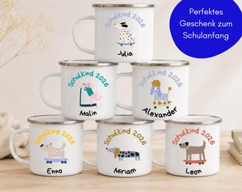 Personalisierte Kindertasse m. Namen | Emaille Becher Hund Dackel | Geschenk Schulkind Schulanfang | Schulstart Einschulung Mädchen Junge