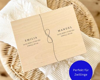 Personalisierte Baby Erinnerungskiste | Geschenk zu Geburt & Taufe für Zwillinge | Geschwister Holzbox mit Namen Geburtsdatum Junge Mädchen