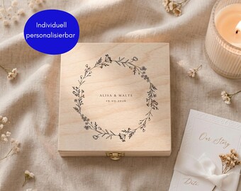 Personalized keepsake box with names and date for the bride and groom | Engagement and wedding gift | Wooden box, timelessly minimalist