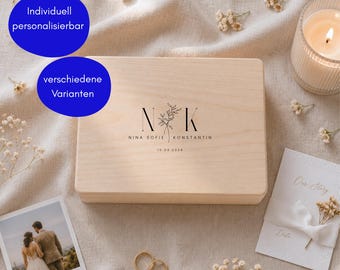 Personalisierte Erinnerungskiste mit Name & Datum | Geschenk Hochzeit Verlobung Jahrestag Geburtstag | Holz Geschenkbox Blume floral Natur