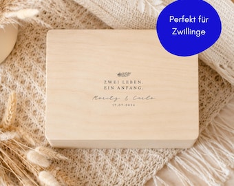 Personalisierte Baby Erinnerungskiste - Geschenk zu Geburt & Taufe für Zwillinge - Holzbox mit Namen Geburtsdatum - Custom Memory Box Twins