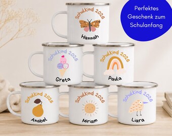 Personalisierte Kindertasse m. Namen für Mädchen | Emaille Becher Regenbogen Sonne | Geschenk Schulkind Schulanfang | Schulstart Einschulung