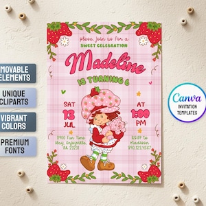 May include: A pink invitation for a birthday party with a strawberry theme. The invitation features a cartoon girl holding a pink cat, surrounded by strawberries and floral accents. Text includes the name "Madeline", date, time, and location.