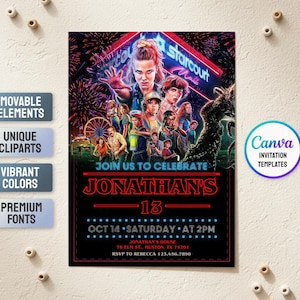 May include: A birthday invitation with a sci-fi theme, featuring a group of characters. The invitation is black with red text, including "Jonathan's 13". It includes the date, time, and location details, with a vibrant design.