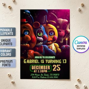 Puede incluir: Una colorida invitación de cumpleaños con personajes de dibujos animados. La invitación dice "Gabriel cumple 13 años" e incluye la fecha, hora y lugar. El logotipo de Canva es visible.