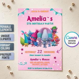 May include: Pink birthday party invitation featuring Trolls characters. The invitation includes the text "Amelia's 5th Birthday Party!" and event details. The design includes stars, a banner, and the Canva logo.