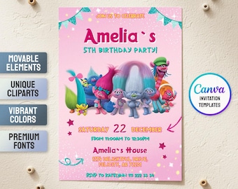 Editable trolls Invite, Printable birthday invitation, Girl Birthday, Electronic invitation, poppy Invite templatetemplate, trolls party