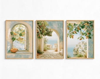 Printable Mediterranean Coastal Wall Art, Fig Tree Triptych Set of 3, Blue Arch Window Print, Amalfi Coast Decor, Digital Download