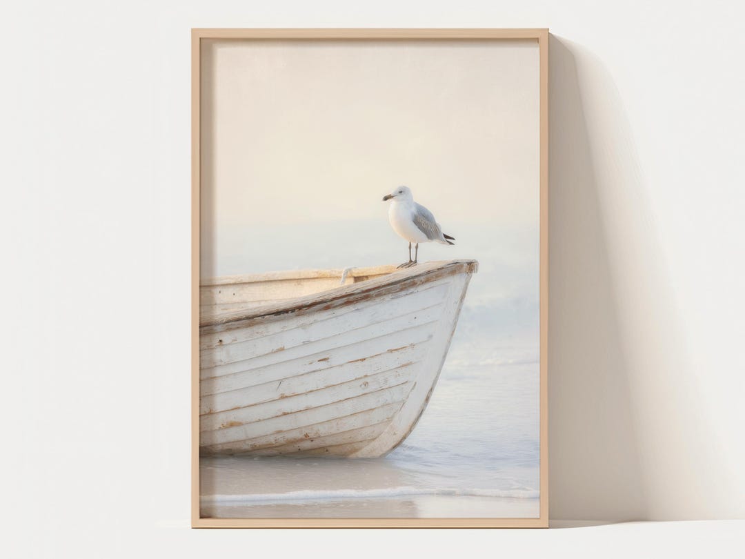 Seagull Boat Wall Art Print, Coastal Minimalist Beach Photography ...