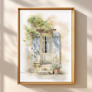 May include: Watercolor painting of a weathered door with blue shutters, framed in gold. The door is surrounded by climbing greenery and sits atop stone steps. A terracotta pot with a plant is at the base of the steps. The artwork evokes a rustic, European aesthetic.