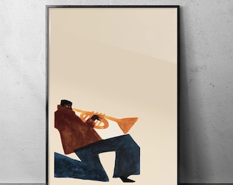 Minimalistisk väggkonst med trumpetspelare - Abstrakt jazzaffisch för musikälskare - Poster
