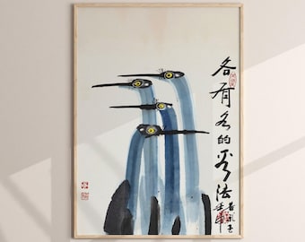 Antiker Kranich Aquarell Wanddekor: Japanische Kunst Geschenk