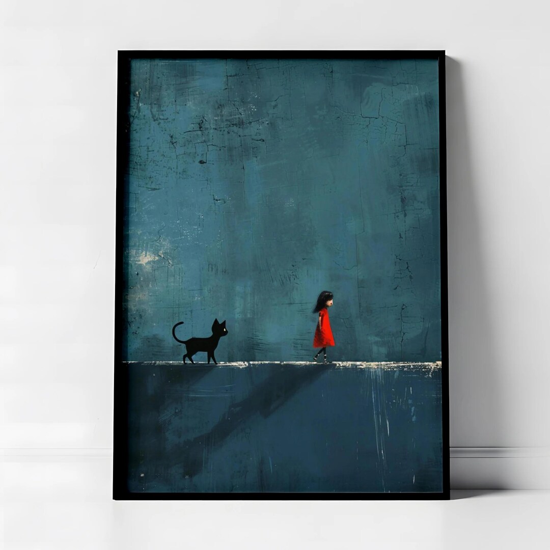 Girl and Cat Aesthetic Wall Art Poster | Whimsical Illustration Print ...