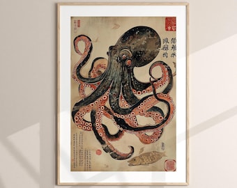 Silkscreentryck med bläckfisk och sköldpadda - Japansk Ukiyo-e-inspirerad väggkonst - Dekorposter med havsliv och havsdjur