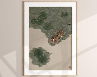 Minimalistischer Japandi Tiger im Lotus Teich Wanddekor Japanischer Schwimmen Tiger Print Natur Kunst