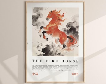 Pôster do Ano do Cavalo de Fogo 2026 | Decoração de Parede do Cavalo do Zodíaco Chinês | Impressão do Cavalo de Fogo do Ano Novo Lunar | Arte Simbólica Asiática - Pôster