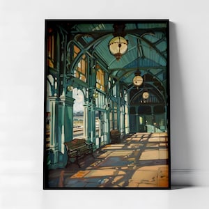 Vintage konstverk med järnvägsstation, klassiskt tågtryck, järnvägsväggposter, tågstationsdekor, tidlös resekonstgåva-poster