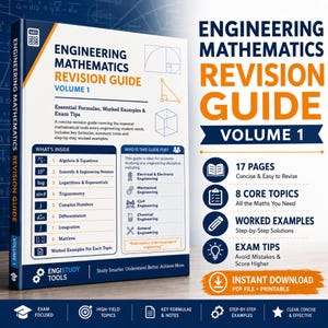 Peut inclure: Une couverture de livre Engineering Mathematics Revision Guide Volume 1 blanche et bleue présentant des symboles mathématiques, des formes géométriques et une liste de huit sujets principaux dont l'algèbre, la trigonométrie et le calcul.
