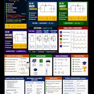 May include: A Power Electronics Essentials educational poster featuring technical diagrams, circuit schematics for buck, boost, and buck-boost converters, rectifier types, modulation waveforms, design steps, key formulas, and typical specifications.