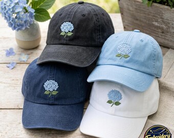 Gorra lavada bordada: diseño de flores de hortensia