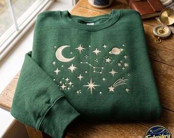 Celestial Stars Embroidered Sweatshirt, Minimal Moon Constellation Tee, Adult Youth