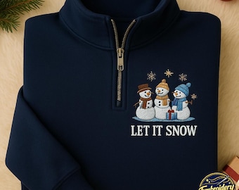 Sudadera navideña con cremallera de un cuarto y bordado de muñeco de nieve, suéter navideño