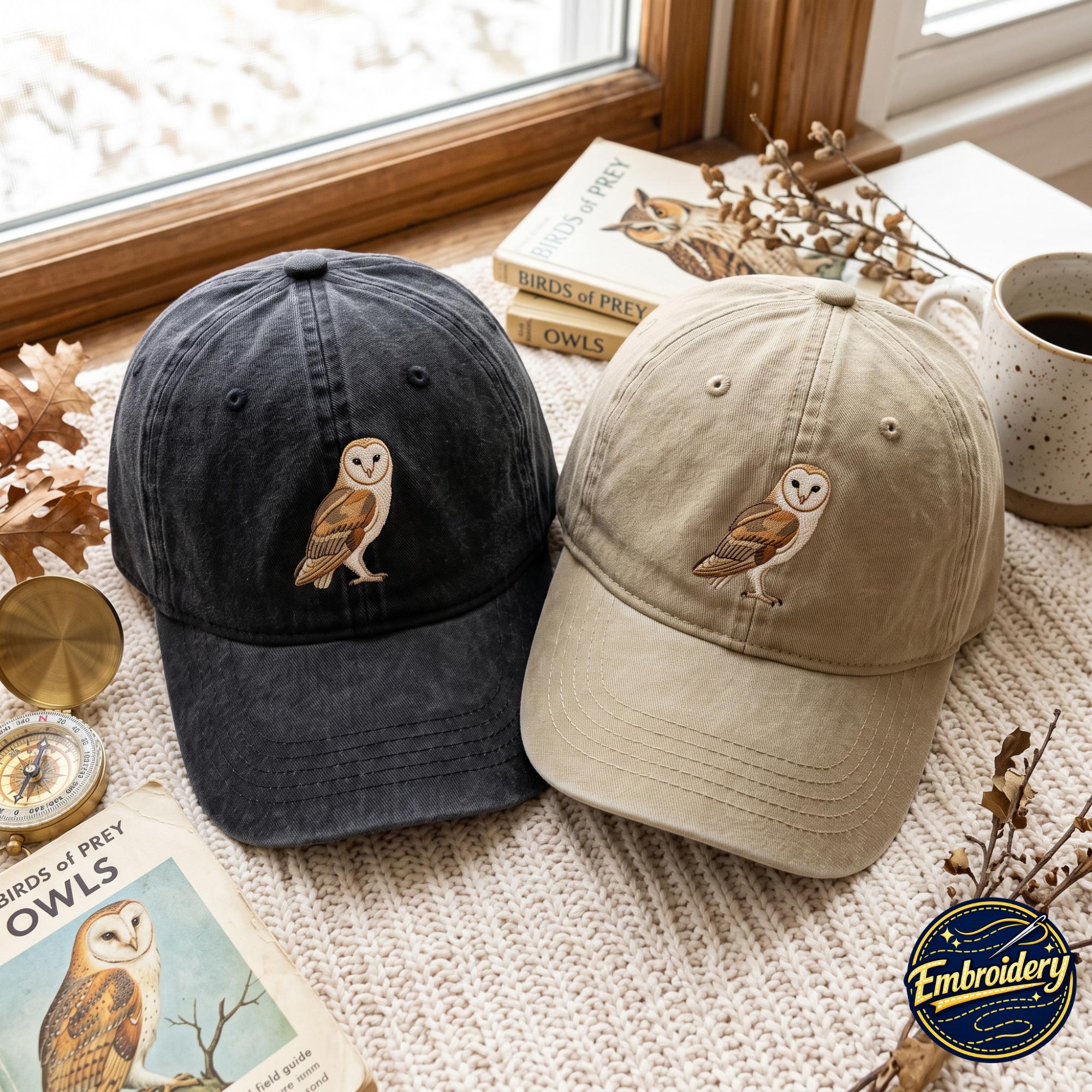 Embroidered Barn Owl Washed Cap, Retro Nature Unisex Cotton Hat