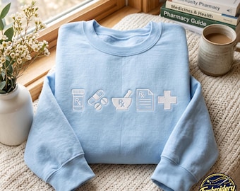 Sudadera con iconos de farmacia bordados: Regalo para farmacéuticos, ropa para técnicos de farmacia