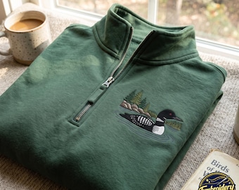 Sudadera con cremallera de un cuarto bordada con la imagen de un somormujo, ropa para la observación de aves en lagos
