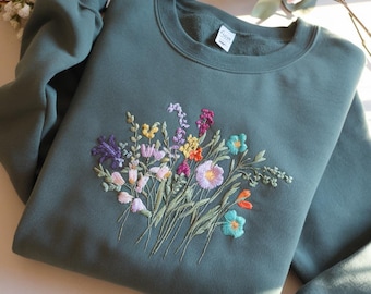Floral Embroidered Sweatshirt: Wildflower Bouquet, Cottagecore Style