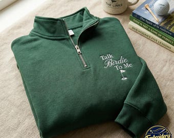 Chaqueta de golf bordada con cremallera de un cuarto, "Háblame de un birdie", ropa divertida para golfistas femeninas.