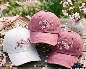 Gorra de algodón lavado bordada con flores de cerezo, estilo floral japonés Sakura.