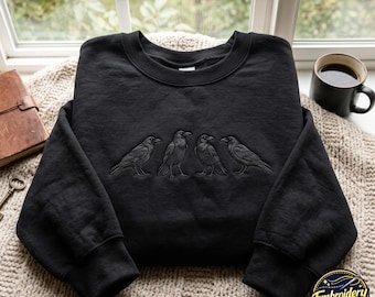 Embroidered Raven Halloween Sweatshirt: Unisex Cotton Blend Crewneck Pullover, Gothic Crow Shirt