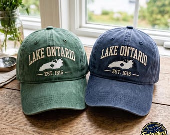 Lake Ontario Embroidered Hat, Vintage Washed Lake Cap, Great Lakes Sunset Dad Hat,Coastal Outdoor Baseball Cap,Lake Lover Gift for Men Women