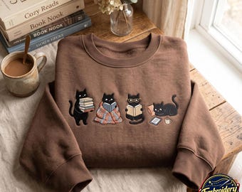 Embroidered Black Cats Reading Sweatshirt, Book Lover Cat Sweatshirt, Cozy Reader Gift For Her