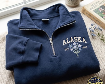 Sudadera Alaska bordada con cremallera de un cuarto, suéter floral Forget Me Not